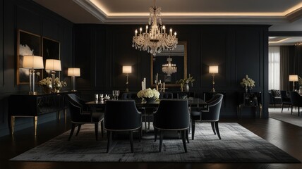 a modern and luxurious dining room with a dark and dramatic color palette. The walls are painted a deep black, creating a sophisticated atmosphere.