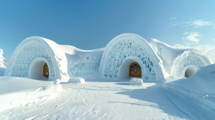 Majestic Ice Hotel with Snow-Covered Arches Under a Clear Blue Sky. Concept of unique winter architecture, serene icy landscapes, Scandinavian cold weather retreats