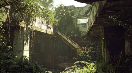 Echoes of History: Abandoned Military Facility Reclaimed by Nature under Cinematic Light