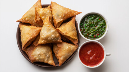 Top view of keema samosa served with red and green chutney isolated on white background