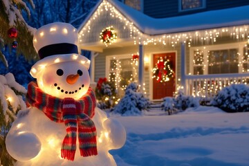 Festive Snowman and Decorated House. Generative ai