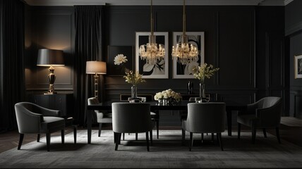 a modern and luxurious dining room with a dark and dramatic color palette. The walls are painted a deep black, creating a sophisticated atmosphere.