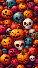 Vibrant Halloween Display with Carved Pumpkins and Colorful Skulls. Generative ai