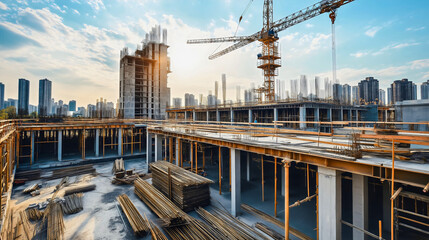 Factory rises at construction site, structure shapes architecture vision, project building development for industrial future, engineering meets safety as cranes machinery soars