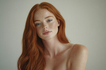 Beautiful young red haired woman with slim body, posing in underwear isolated on white studio background. Natural female beauty. Self-care and wellness. Body and skin care.