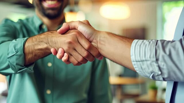 A friendly interaction unfolds as two individuals meet in a lively caf&eacute; atmosphere, sharing a handshake that signifies collaboration and new beginnings under the warm afternoon sun