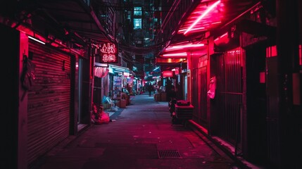 Fototapeta premium Electric Nights: Cinematic Urban Alleyway with Neon Signs and Street Vendors capturing the Urban Hustle and Bustle