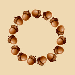 Golden autumn wreath. Acorns.  Perfect for prints, greeting cards, gift wrap, fabric patterns