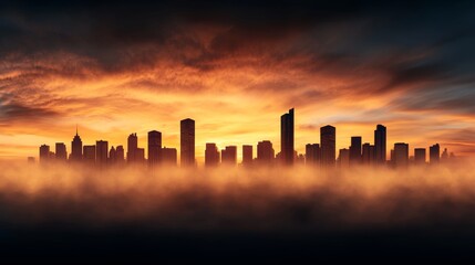 Urban Skyline at Sunset with Fog Effects