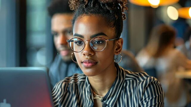 In a trendy coffee shop, a young woman intently types on her laptop, surrounded by friends who are engaged in conversation, showcasing a vibrant atmosphere of creativity and connection