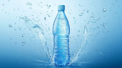 Mineral water. Falling glass bottle. A plastic bottle in the middle and flying splashes and drops of water around.