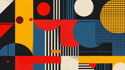 Obraz premium Bauhaus-inspired geometric pattern poster featuring abstract shapes and primary colors. Modern, minimalist design. Vector illustration