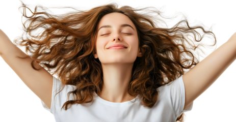 Happy woman in freedom pose, carefree girl spreading arms isolated, outstretched hands with inspiration, joyful energy, transparent background