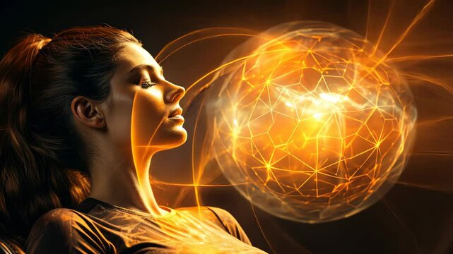 A serene figure immerses herself in a radiant universe, embodying a mystical quest for deeper understanding and cosmic harmony through visualization and introspection