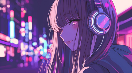 Beautiful Anime Girl Listening to Lo-fi Hip Hop Music, Digital Art with Headphones, Relaxed Mood, Manga Style, Chill Music Vibes, Cartoon Illustration	