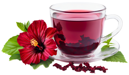 Fresh hibiscus tea with herbal, isolated red cup for healthy drink, antioxidant beverage from flowers, natural refreshment in glass
