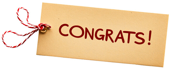 Happy congrats on paper note, message and text isolated, word in handwriting with greeting, phrase and calligraphy for celebration