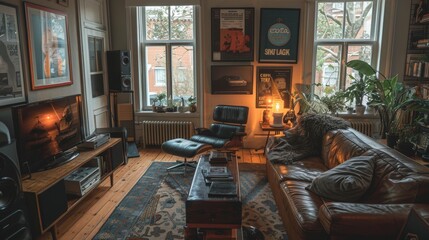 Cozy living room with a plush sofa, a recliner armchair, and calming posters on the wall