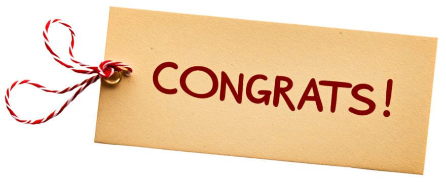 Happy congrats on paper note, message and text isolated, word in handwriting with greeting, phrase and calligraphy for celebration