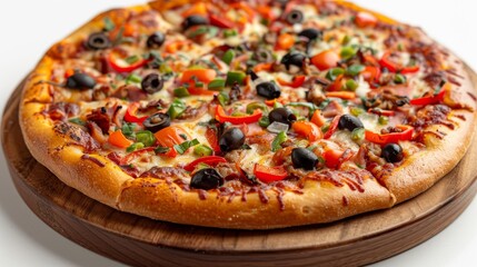 Delicious pizza topped with fresh ingredients like bell peppers and olives, presented on a wooden board isolated on a white background