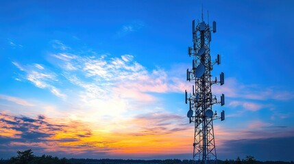 Stunning Sunset Behind a Modern Communication Tower with Vibrant Sky and Clouds in a Scenic Landscape