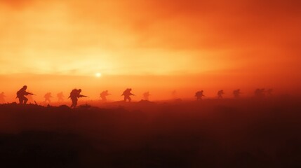 Dusk on the Battlefield: Soldiers Silhouetted in Fiery Sky - Cinematic War Scene with Ultra-Detailed Lighting