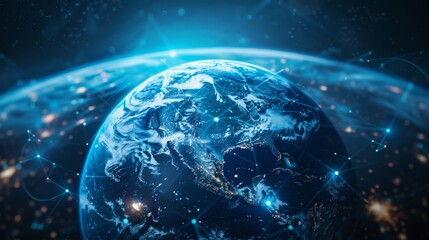 Obraz premium Earth surrounded by digital nodes and data streams showing global networks and blockchain technology