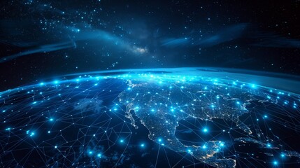 Fototapeta premium Earth surrounded by digital nodes and data streams showing global networks and blockchain technology
