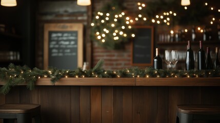 Festive wine bar decorated with christmas lights for holiday celebrations
