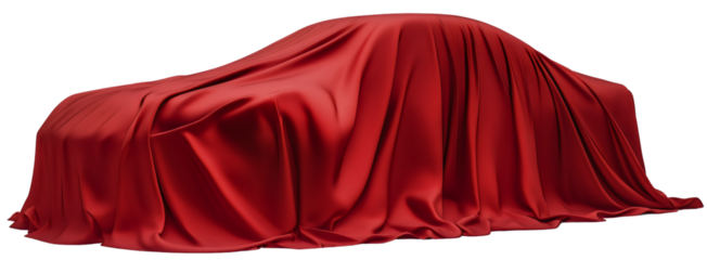 Luxury car under red fabric, cloth cover isolated for presentation, gift reveal at exhibition, surprise moment with silk draping on transparent background