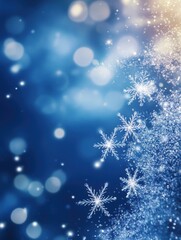 Delicate snowflakes shimmer against a soothing blue backdrop, evoking a serene winter ambiance filled with sparkle and light. Generative AI