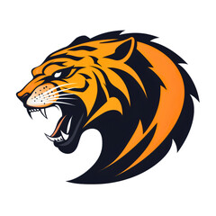 Fierce tiger roaring in logo, isolated wildcat mascot with head design, face and icon showing teeth, powerful emblem with stripes on transparent background