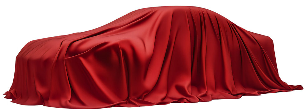 Luxury car under red fabric, cloth cover isolated for presentation, gift reveal at exhibition, surprise moment with silk draping on transparent background