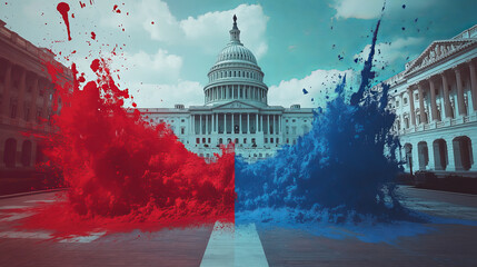 An illustration of the U.S. Capitol building in red and blue colors. Democrat and Republican