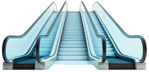 Modern escalator system isolated, staircase and stairs moving up, mall floor through building levels, step and lift for transport on transparent background