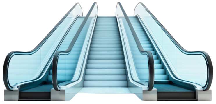 Modern escalator system isolated, staircase and stairs moving up, mall floor through building levels, step and lift for transport on transparent background