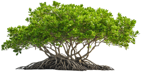 Twisted mangrove system isolated, tree with green environment, forest showing growth through roots, ecosystem in swamp waters on transparent background