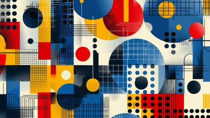 Obraz premium Bauhaus-inspired geometric pattern poster featuring abstract shapes and primary colors. Modern, minimalist design. Vector illustration
