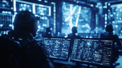 High-Tech War Room: Futuristic Command Center with Cinematic Light and Intense Action