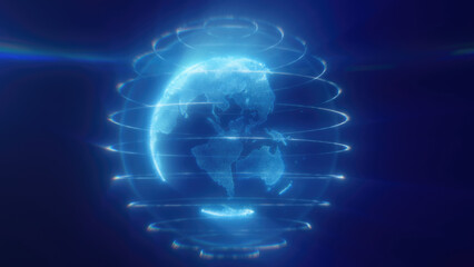 A digital representation of blue Earth with glowing lines encircling the planet, highlighting global connectivity and technology