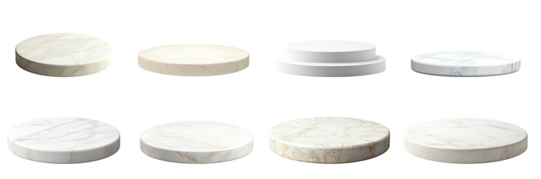 3d white marble podium round product platforms, white isolate background transparent background