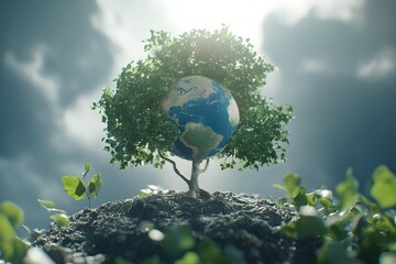 A globe with a highlighted ozone layer, surrounded by elements representing environmental protection like trees and clean energy