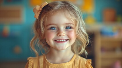 Fototapeta premium A young girl with blonde hair and blue eyes smiles brightly at the camera.