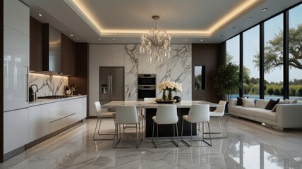 a modern and luxurious kitchen with a predominantly white color palette. Sleek white cabinets complement the gleaming marble countertops, creating a clean and sophisticated aesthetic.