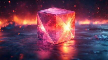 A glowing red and pink crystal cube with a bright light radiating from within, sitting on a dark surface with a fiery background.