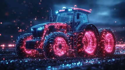 A futuristic tractor made of blue digital lines glowing in the dark, symbolizing the integration of technology and agriculture