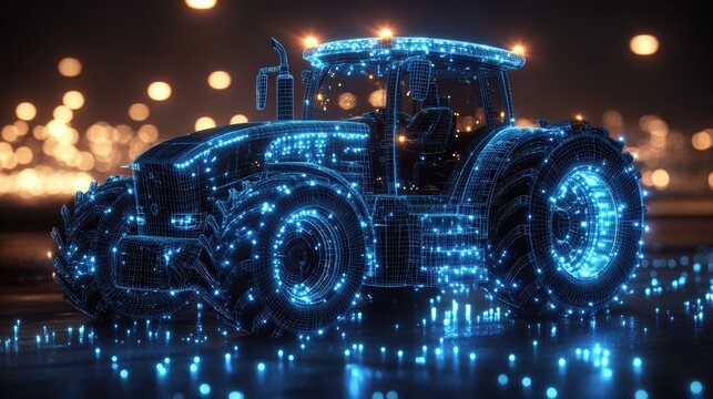 A futuristic tractor made of blue digital lines glowing in the dark, symbolizing the integration of technology and agriculture - Powered by Adobe