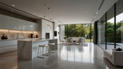 a modern and luxurious kitchen with a predominantly white color palette. Sleek white cabinets complement the gleaming marble countertops, creating a clean and sophisticated aesthetic.