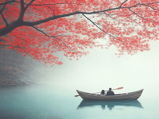 Romantic boat ride under vibrant red autumn leaves