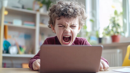 Portrait of angry kid using laptop, ADHD or behavioral issue concept